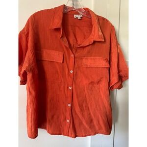 Wonderly Womens XL Burnt Orange Crinkle Textured Short Sleeve Button Down Shirt